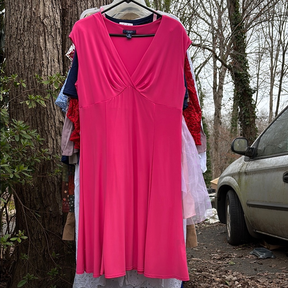Chaps Vibrant Pink Midi Dress Shoulder Pads Cap Sleeves V-Neck Pleats Women’s XL